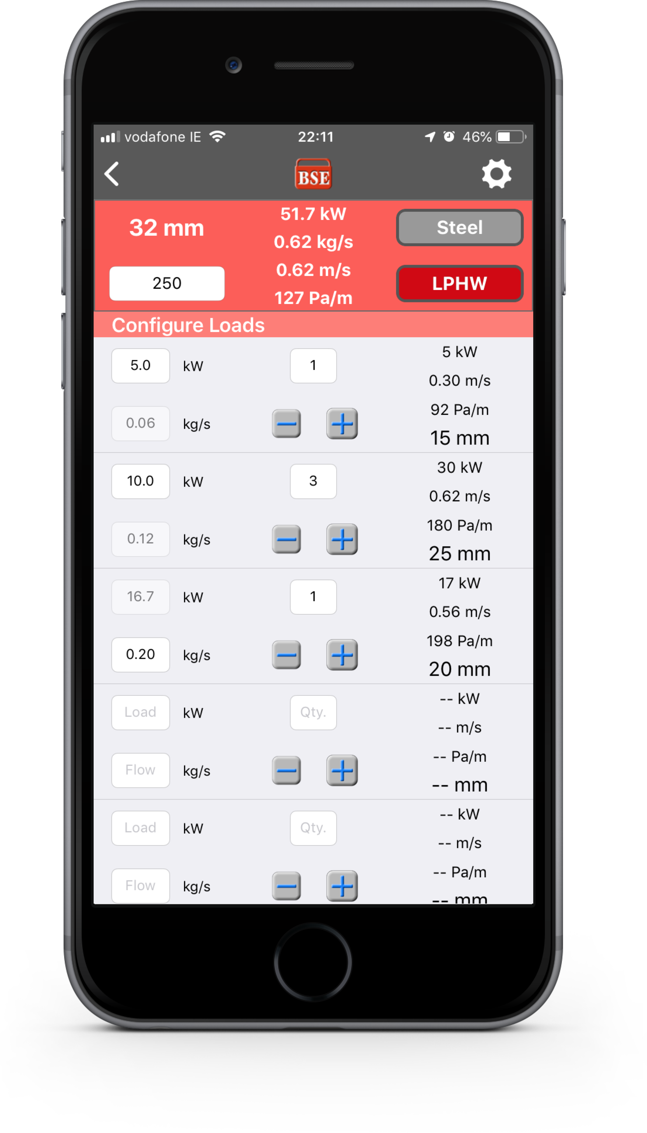 Multiple Heating Load Sizer showing combined loads and pipe sizing
