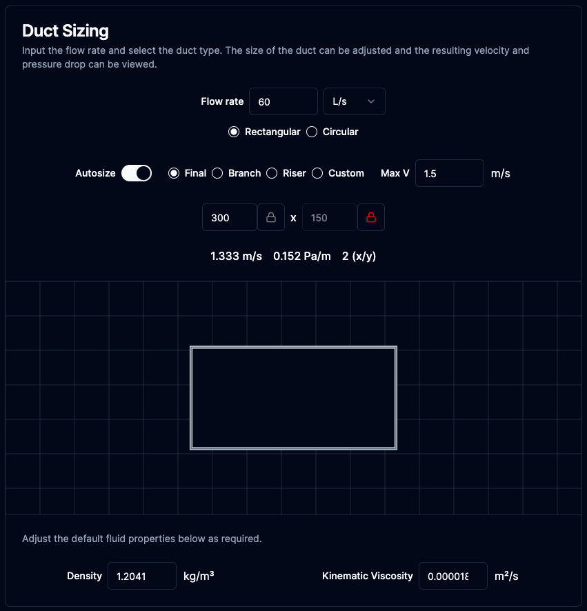 BSE Toolbox Duct Sizer interface showing rectangular duct sizing with visual representation